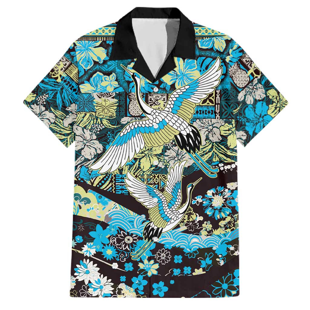 Japanese Hawaiian Crane Family Matching Long Sleeve Bodycon Dress and Hawaiian Shirt Blue Tapa Patchwork Pattern LT9 Dad's Shirt - Short Sleeve Blue - Polynesian Pride
