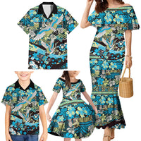 Japanese Hawaiian Crane Family Matching Mermaid Dress and Hawaiian Shirt Blue Tapa Patchwork Pattern LT9 - Polynesian Pride
