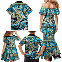 Japanese Hawaiian Crane Family Matching Mermaid Dress and Hawaiian Shirt Blue Tapa Patchwork Pattern LT9 - Polynesian Pride