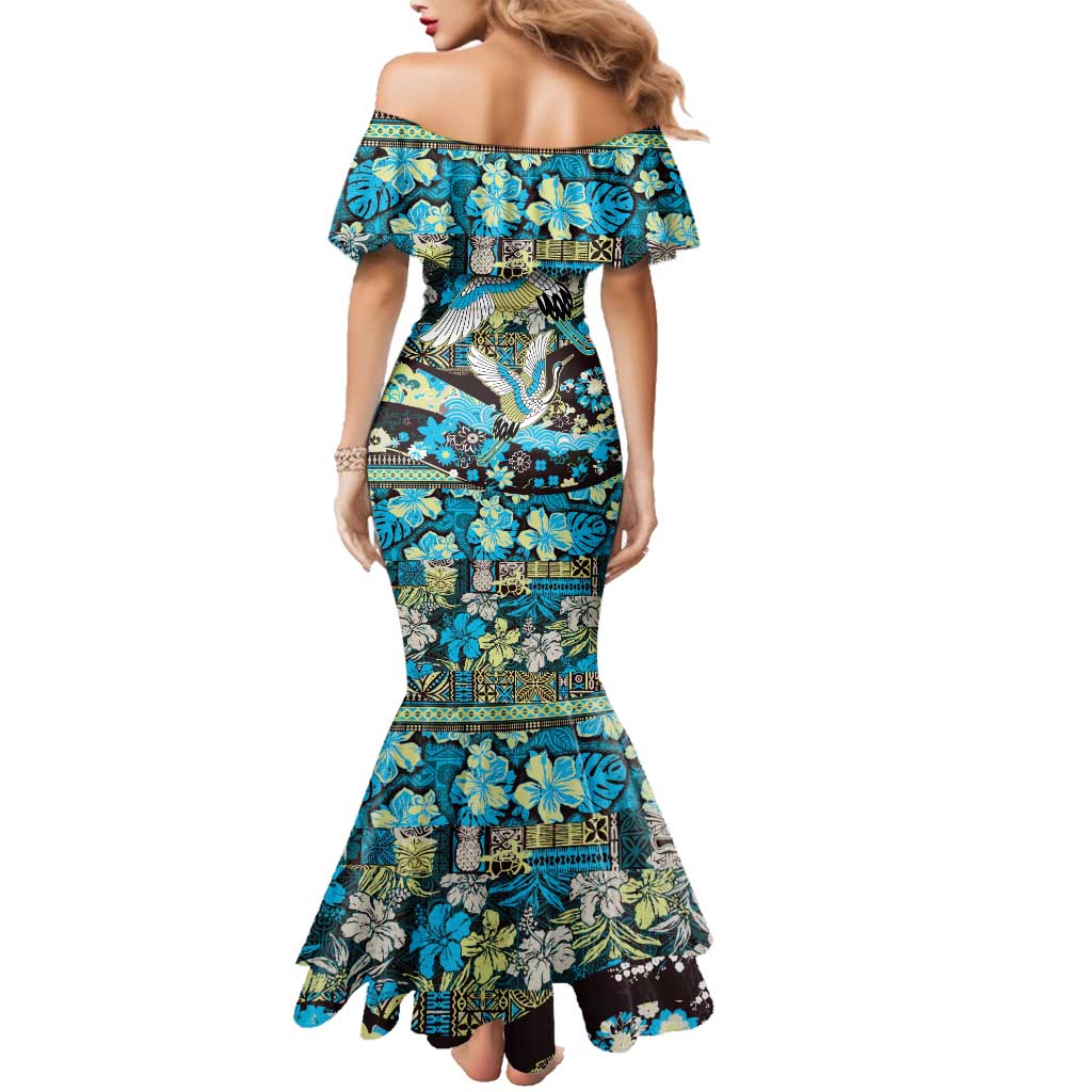 Japanese Hawaiian Crane Family Matching Mermaid Dress and Hawaiian Shirt Blue Tapa Patchwork Pattern LT9 - Polynesian Pride