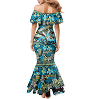 Japanese Hawaiian Crane Family Matching Mermaid Dress and Hawaiian Shirt Blue Tapa Patchwork Pattern LT9 - Polynesian Pride