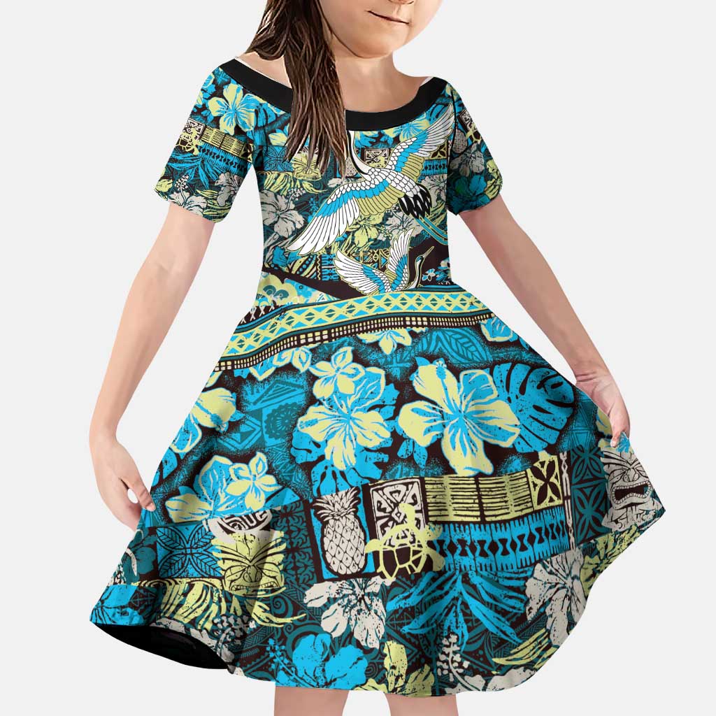 Japanese Hawaiian Crane Family Matching Off The Shoulder Long Sleeve Dress and Hawaiian Shirt Blue Tapa Patchwork Pattern LT9 Daughter's Dress Blue - Polynesian Pride