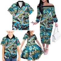 Japanese Hawaiian Crane Family Matching Off The Shoulder Long Sleeve Dress and Hawaiian Shirt Blue Tapa Patchwork Pattern LT9 - Polynesian Pride