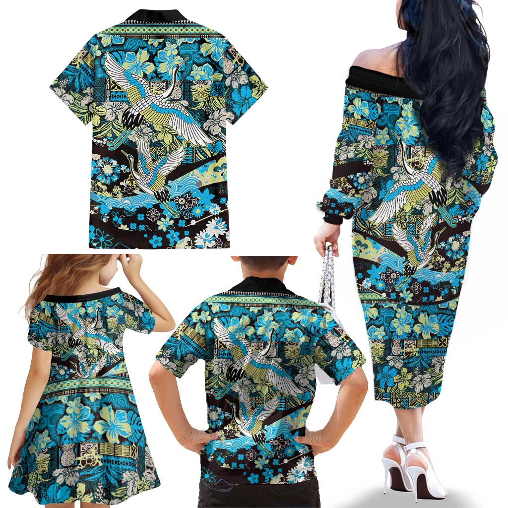 Japanese Hawaiian Crane Family Matching Off The Shoulder Long Sleeve Dress and Hawaiian Shirt Blue Tapa Patchwork Pattern LT9 - Polynesian Pride