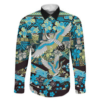 Japanese Hawaiian Crane Family Matching Off The Shoulder Long Sleeve Dress and Hawaiian Shirt Blue Tapa Patchwork Pattern LT9 Dad's Shirt - Long Sleeve Blue - Polynesian Pride