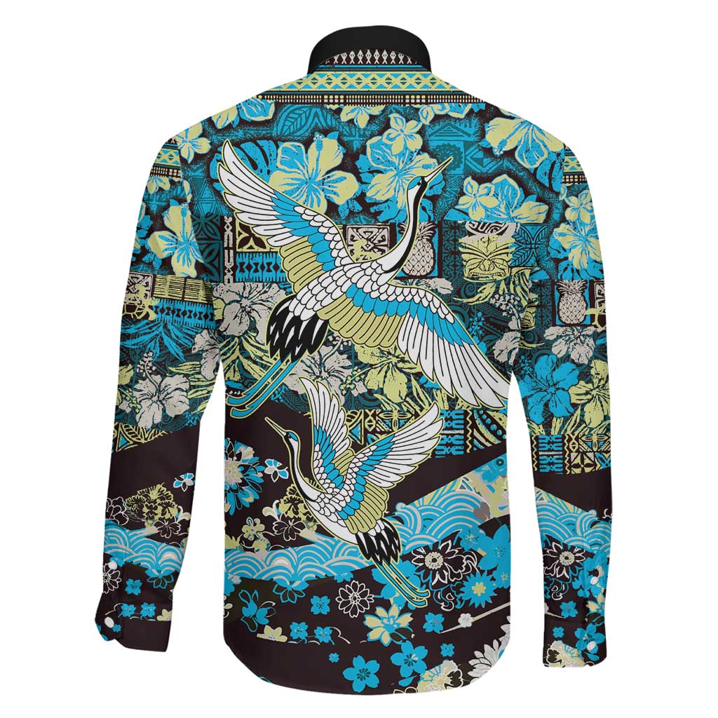 Japanese Hawaiian Crane Family Matching Off The Shoulder Long Sleeve Dress and Hawaiian Shirt Blue Tapa Patchwork Pattern LT9 - Polynesian Pride