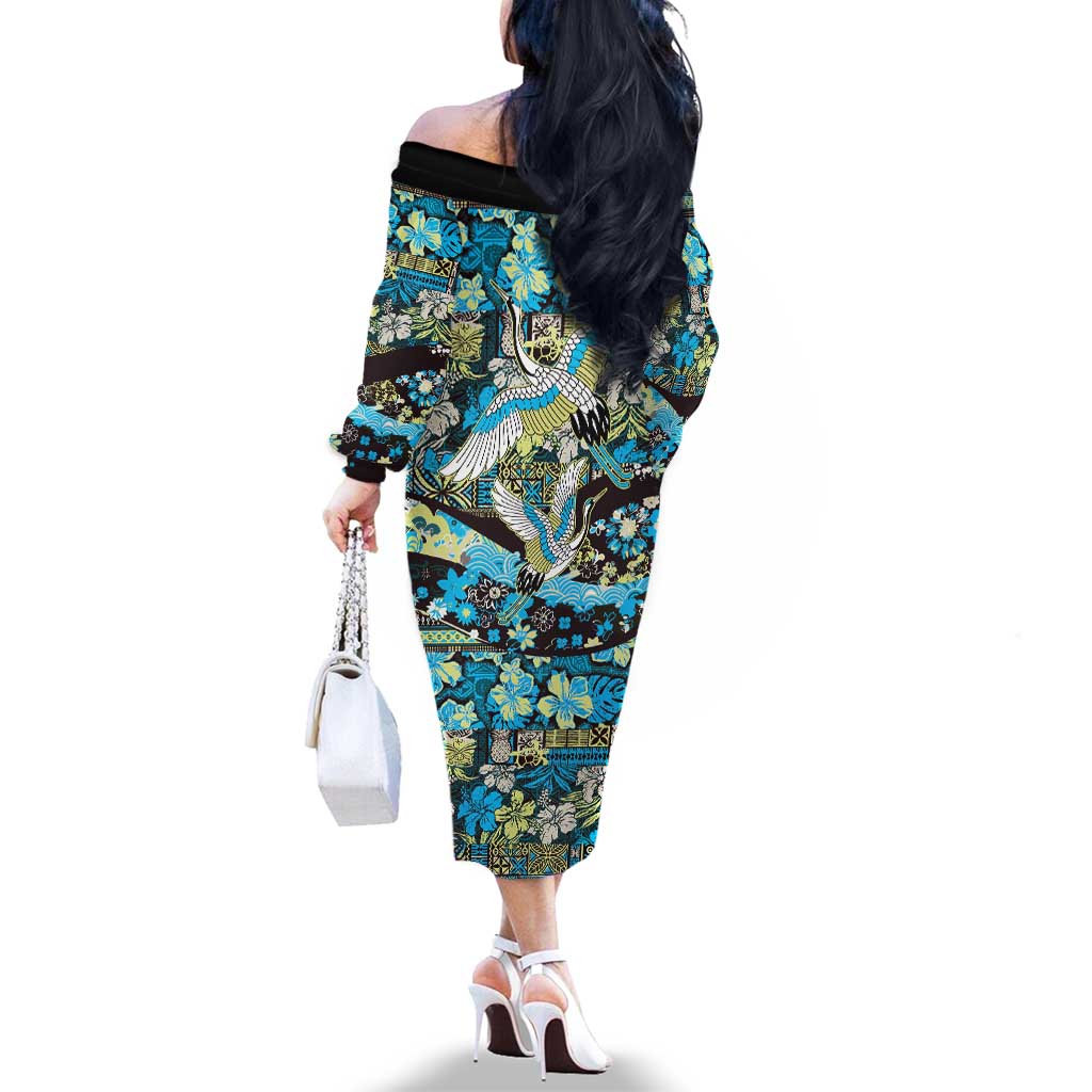 Japanese Hawaiian Crane Family Matching Off The Shoulder Long Sleeve Dress and Hawaiian Shirt Blue Tapa Patchwork Pattern LT9 - Polynesian Pride