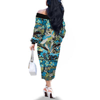 Japanese Hawaiian Crane Family Matching Off The Shoulder Long Sleeve Dress and Hawaiian Shirt Blue Tapa Patchwork Pattern LT9 - Polynesian Pride