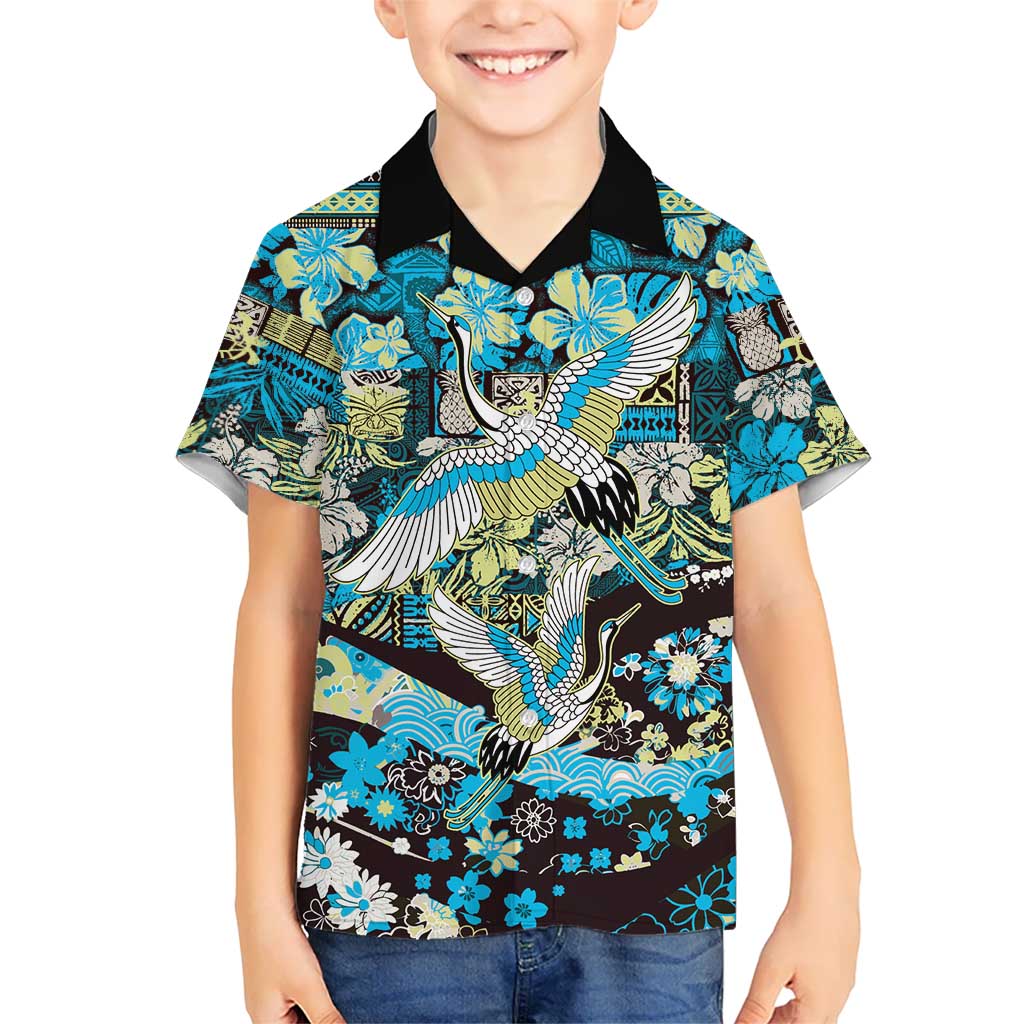 Japanese Hawaiian Crane Family Matching Off The Shoulder Long Sleeve Dress and Hawaiian Shirt Blue Tapa Patchwork Pattern LT9 Son's Shirt Blue - Polynesian Pride