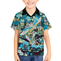 Japanese Hawaiian Crane Family Matching Off The Shoulder Long Sleeve Dress and Hawaiian Shirt Blue Tapa Patchwork Pattern LT9 Son's Shirt Blue - Polynesian Pride