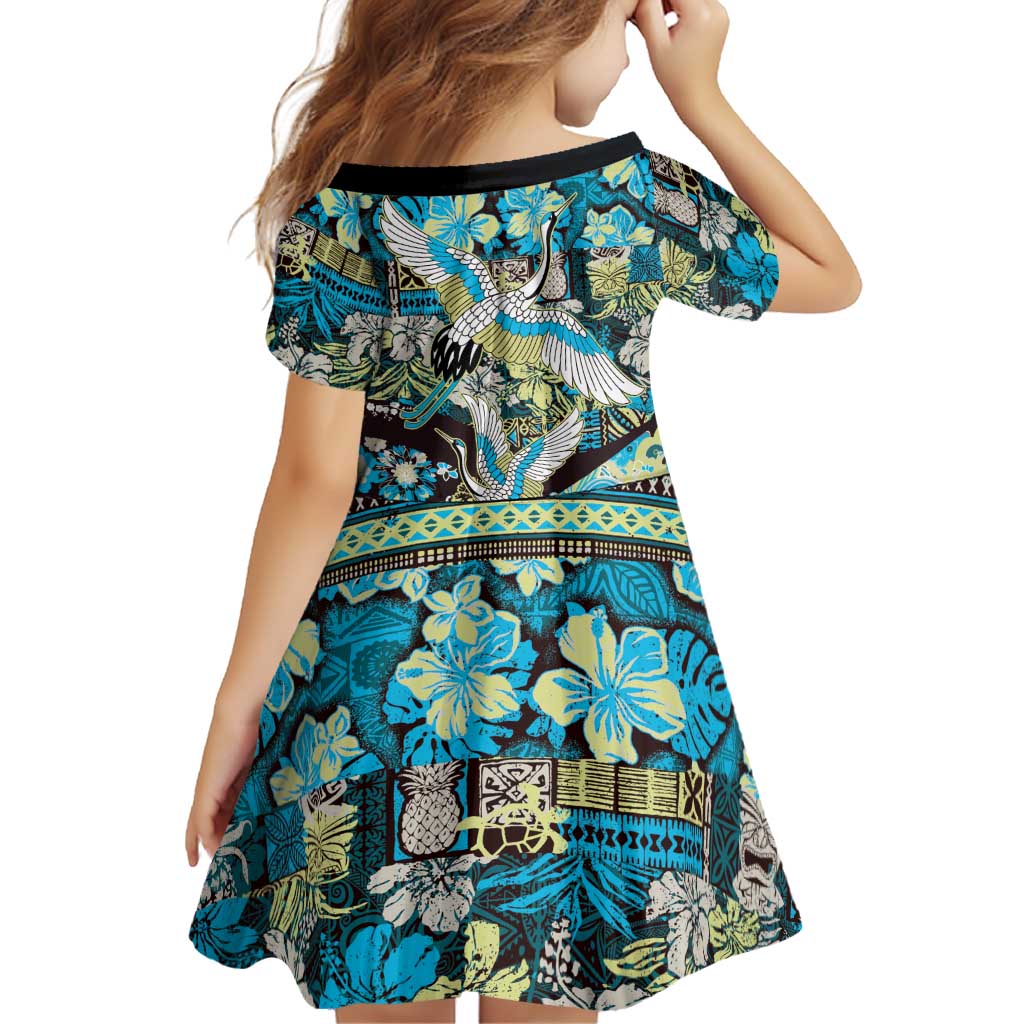 Japanese Hawaiian Crane Family Matching Off Shoulder Maxi Dress and Hawaiian Shirt Blue Tapa Patchwork Pattern