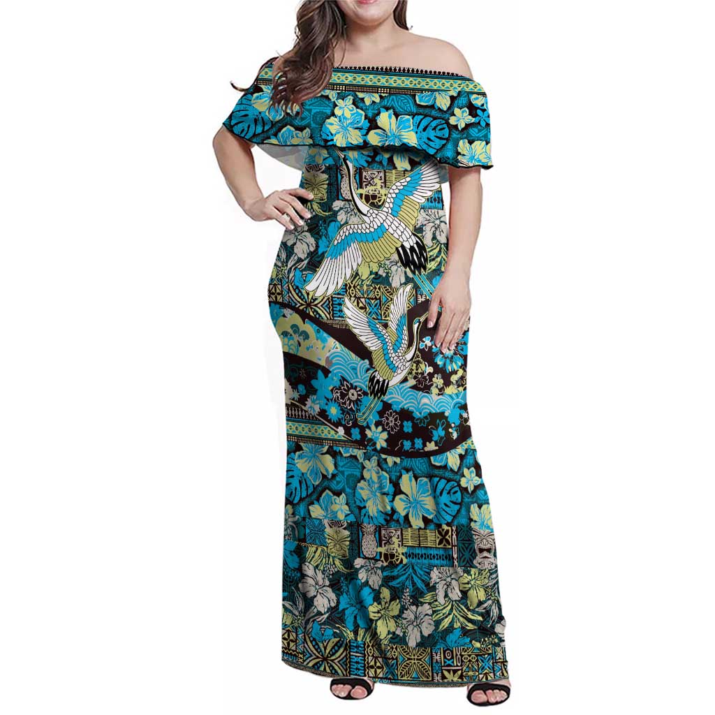 Japanese Hawaiian Crane Family Matching Off Shoulder Maxi Dress and Hawaiian Shirt Blue Tapa Patchwork Pattern