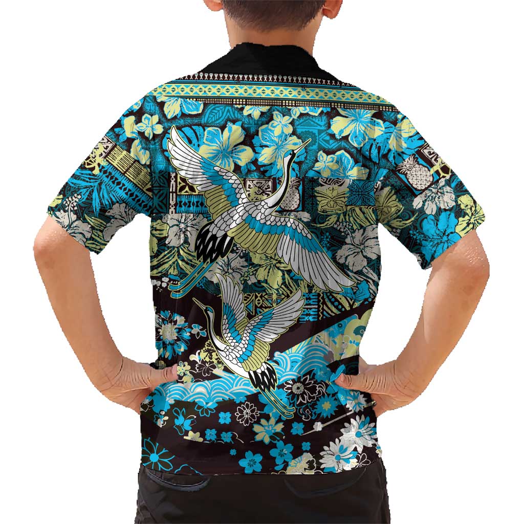 Japanese Hawaiian Crane Family Matching Off Shoulder Short Dress and Hawaiian Shirt Blue Tapa Patchwork Pattern