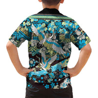 Japanese Hawaiian Crane Family Matching Off Shoulder Short Dress and Hawaiian Shirt Blue Tapa Patchwork Pattern