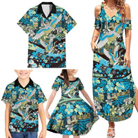 Japanese Hawaiian Crane Family Matching Summer Maxi Dress and Hawaiian Shirt Blue Tapa Patchwork Pattern