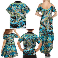 Japanese Hawaiian Crane Family Matching Summer Maxi Dress and Hawaiian Shirt Blue Tapa Patchwork Pattern