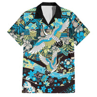 Japanese Hawaiian Crane Family Matching Summer Maxi Dress and Hawaiian Shirt Blue Tapa Patchwork Pattern
