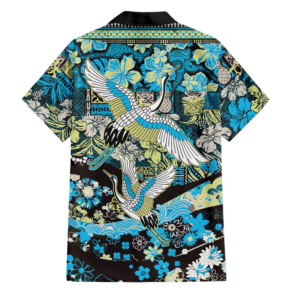 Japanese Hawaiian Crane Family Matching Summer Maxi Dress and Hawaiian Shirt Blue Tapa Patchwork Pattern