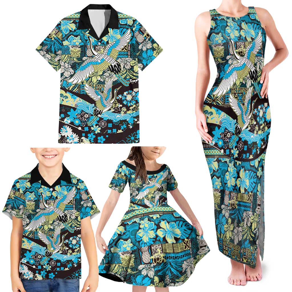 Japanese Hawaiian Crane Family Matching Tank Maxi Dress and Hawaiian Shirt Blue Tapa Patchwork Pattern LT9 - Polynesian Pride