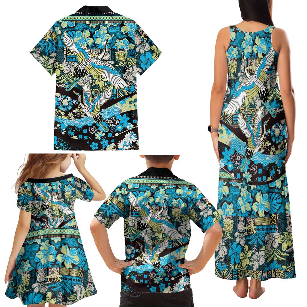 Japanese Hawaiian Crane Family Matching Tank Maxi Dress and Hawaiian Shirt Blue Tapa Patchwork Pattern LT9 - Polynesian Pride