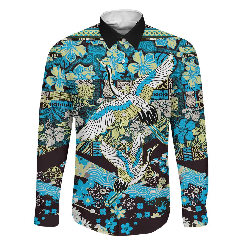 Japanese Hawaiian Crane Family Matching Tank Maxi Dress and Hawaiian Shirt Blue Tapa Patchwork Pattern LT9 Dad's Shirt - Long Sleeve Blue - Polynesian Pride