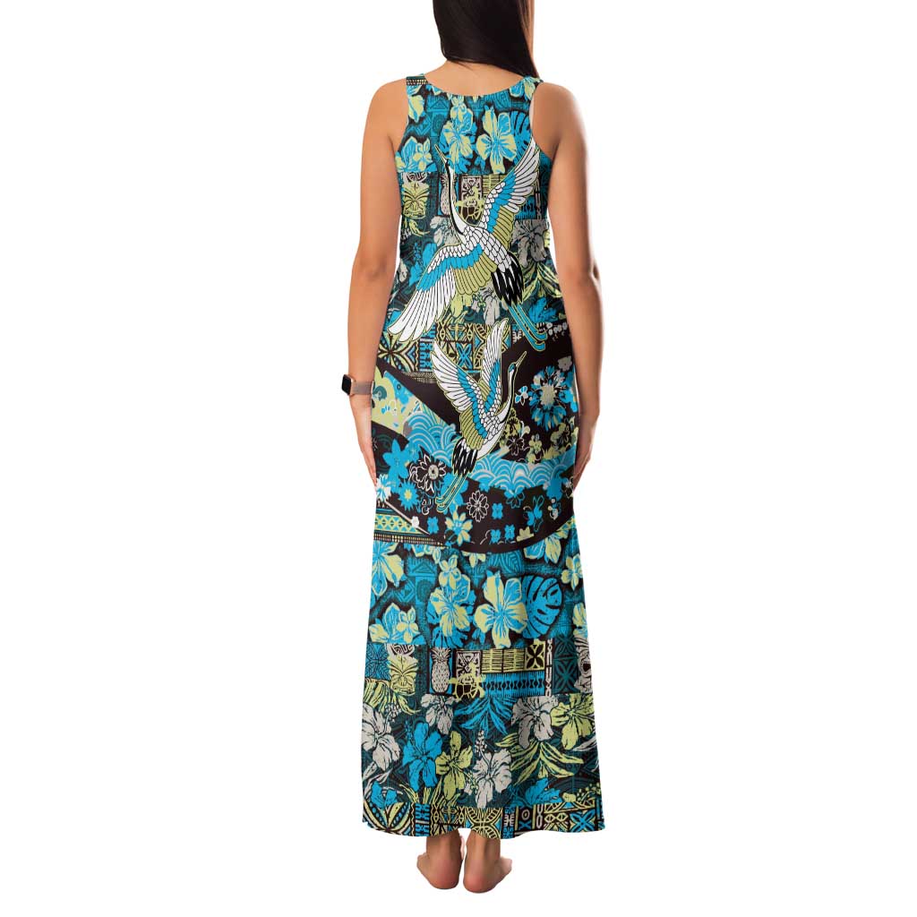 Japanese Hawaiian Crane Family Matching Tank Maxi Dress and Hawaiian Shirt Blue Tapa Patchwork Pattern LT9 - Polynesian Pride