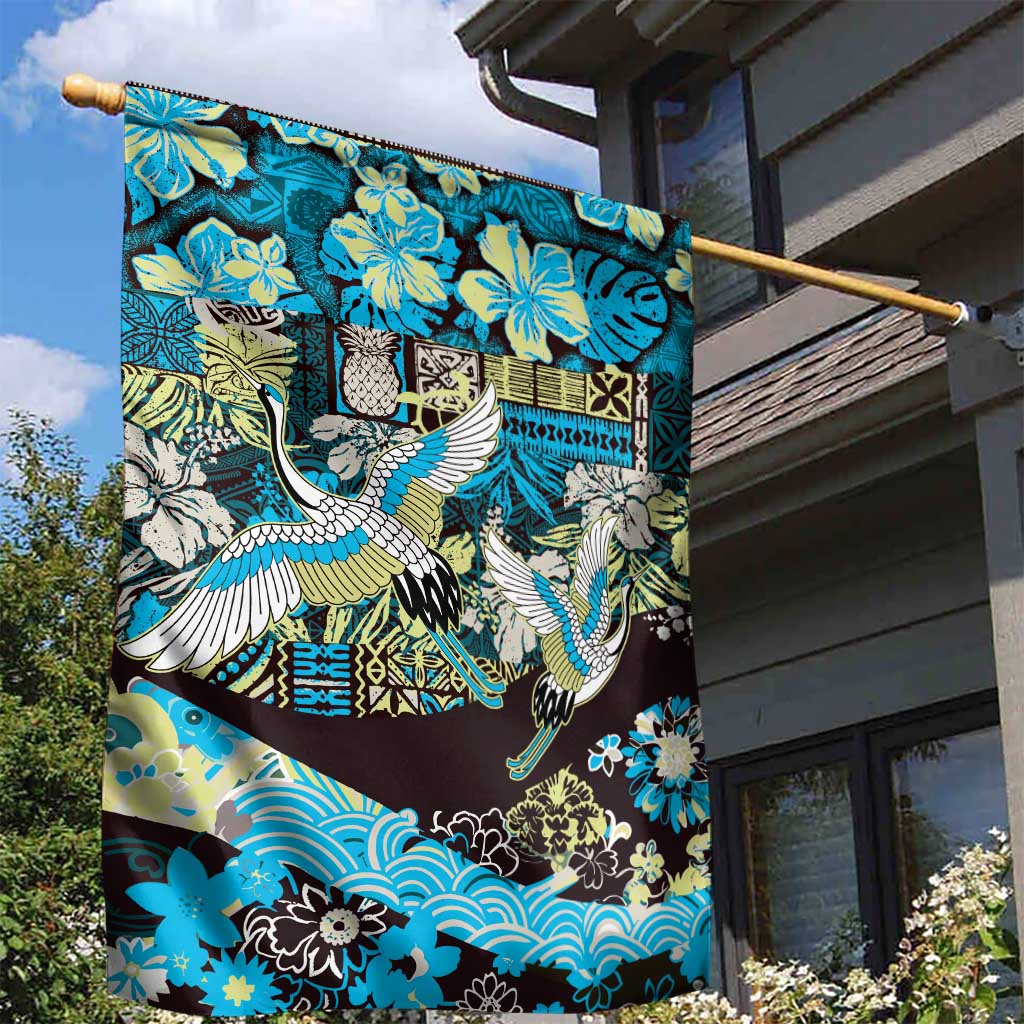Japanese Hawaiian Crane Garden Flag Blue Tapa Patchwork Pattern