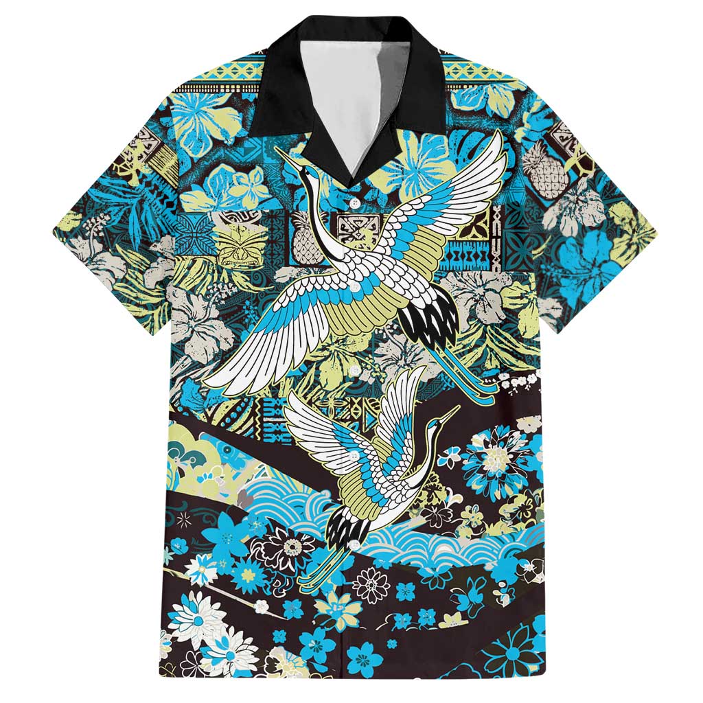 Japanese Hawaiian Crane Hawaiian Shirt Blue Tapa Patchwork Pattern