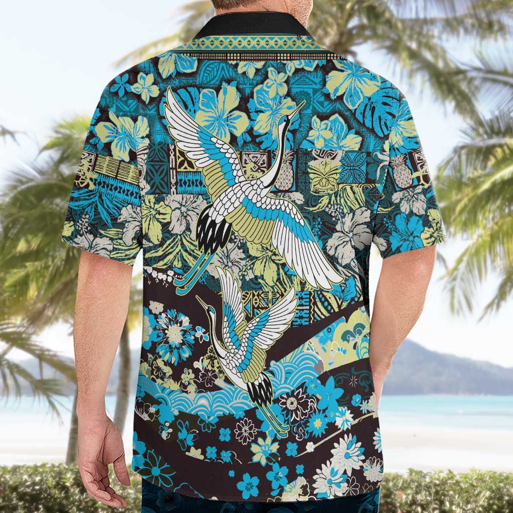 Japanese Hawaiian Crane Hawaiian Shirt Blue Tapa Patchwork Pattern LT9 - Polynesian Pride