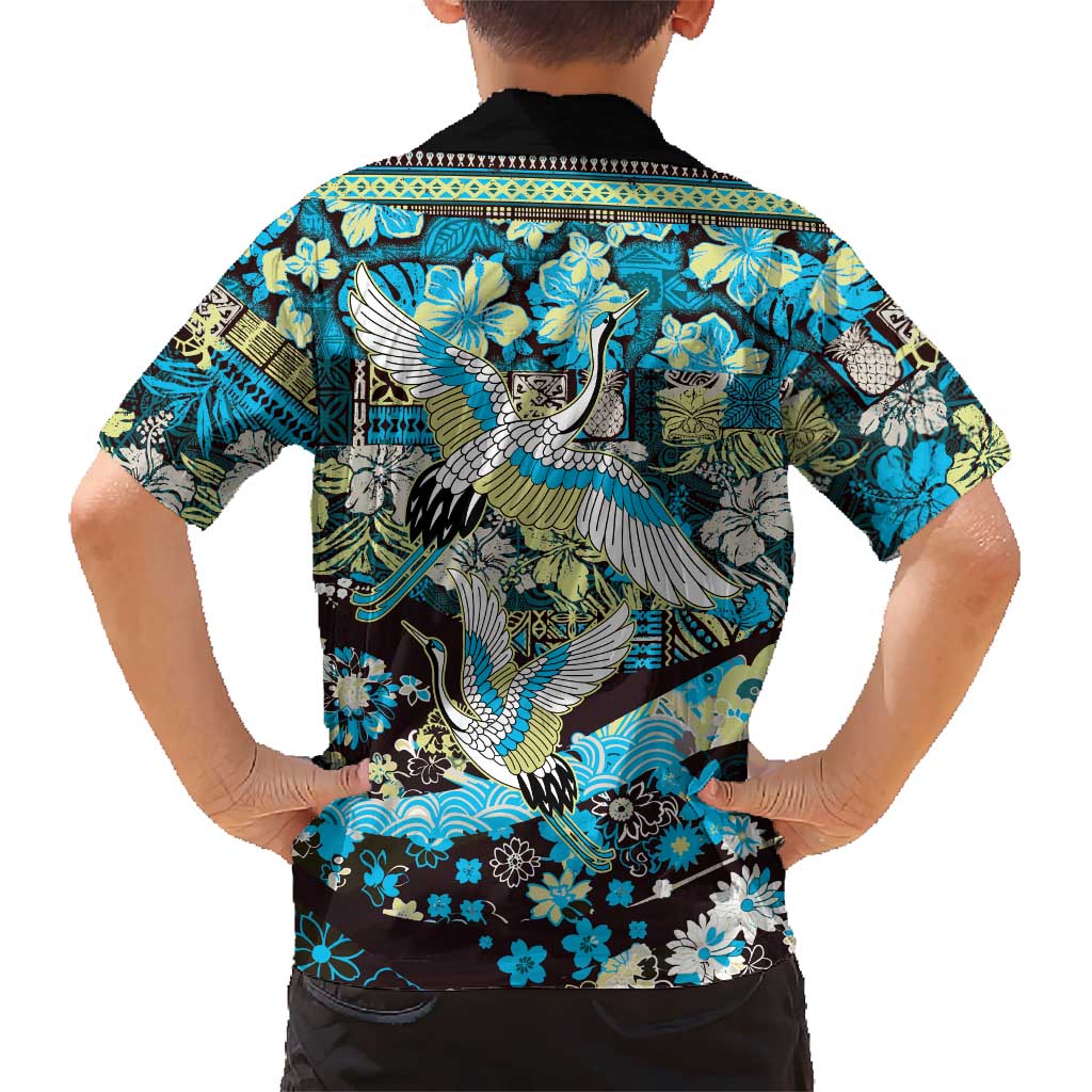 Japanese Hawaiian Crane Hawaiian Shirt Blue Tapa Patchwork Pattern LT9 - Polynesian Pride