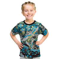 Japanese Hawaiian Crane Kid T Shirt Blue Tapa Patchwork Pattern LT9 Blue - Polynesian Pride