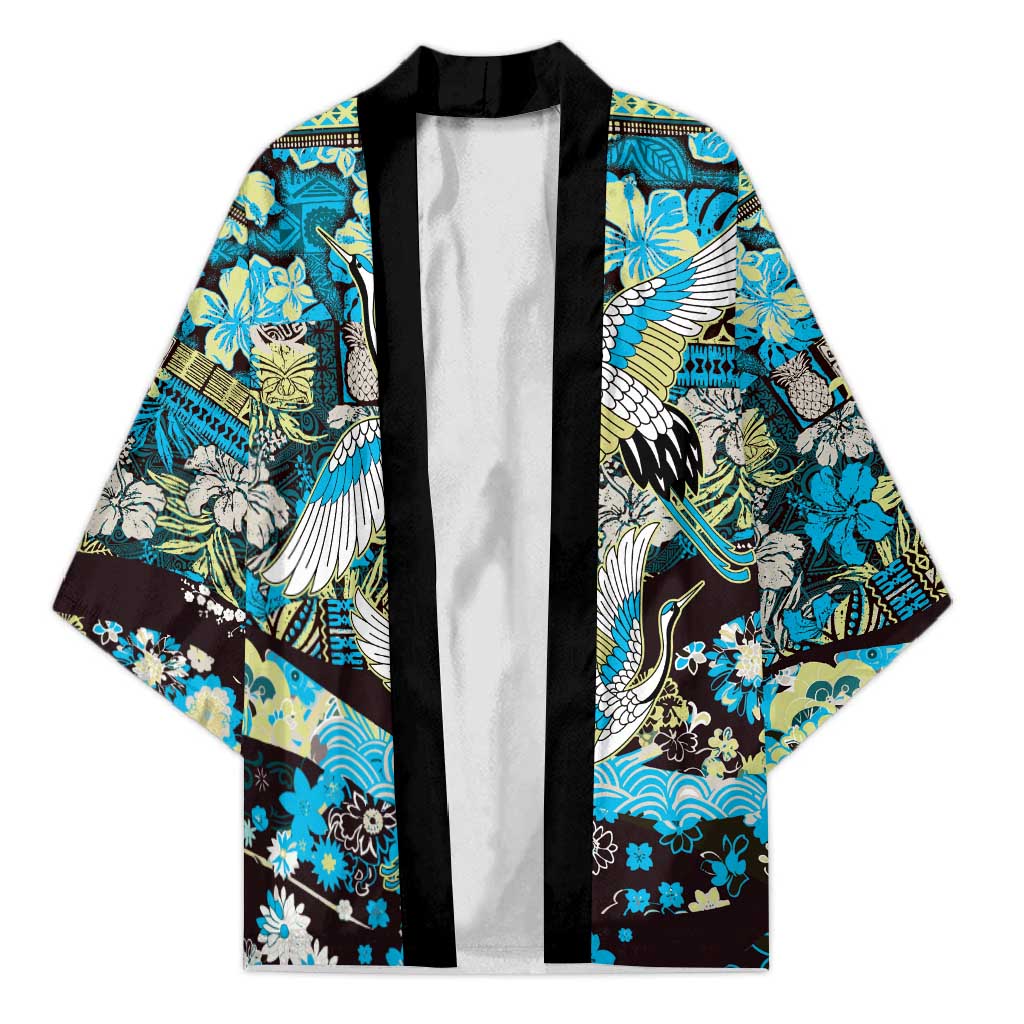 Japanese Hawaiian Crane Kimono Blue Tapa Patchwork Pattern LT9 Unisex Blue - Polynesian Pride