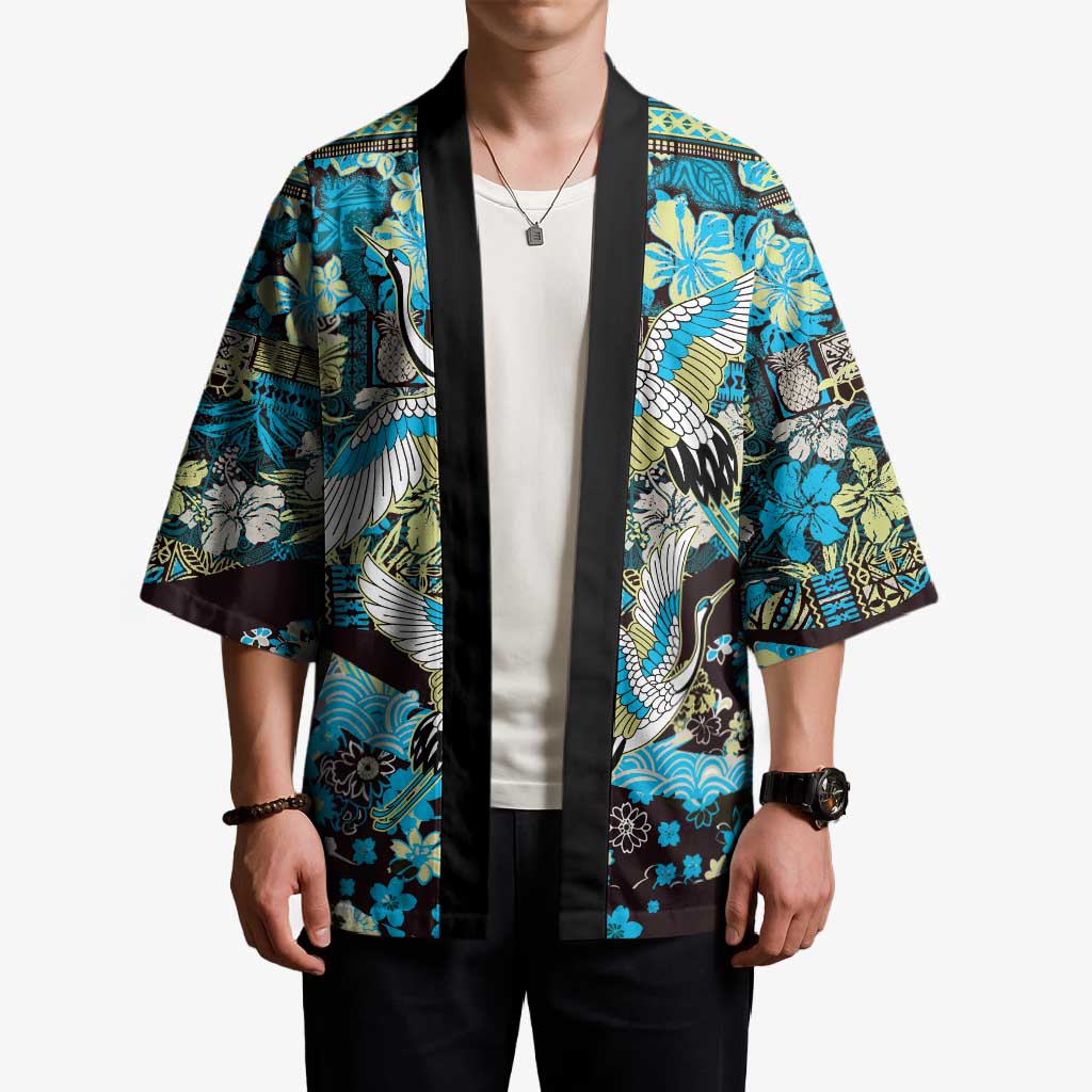 Japanese Hawaiian Crane Kimono Blue Tapa Patchwork Pattern LT9 - Polynesian Pride