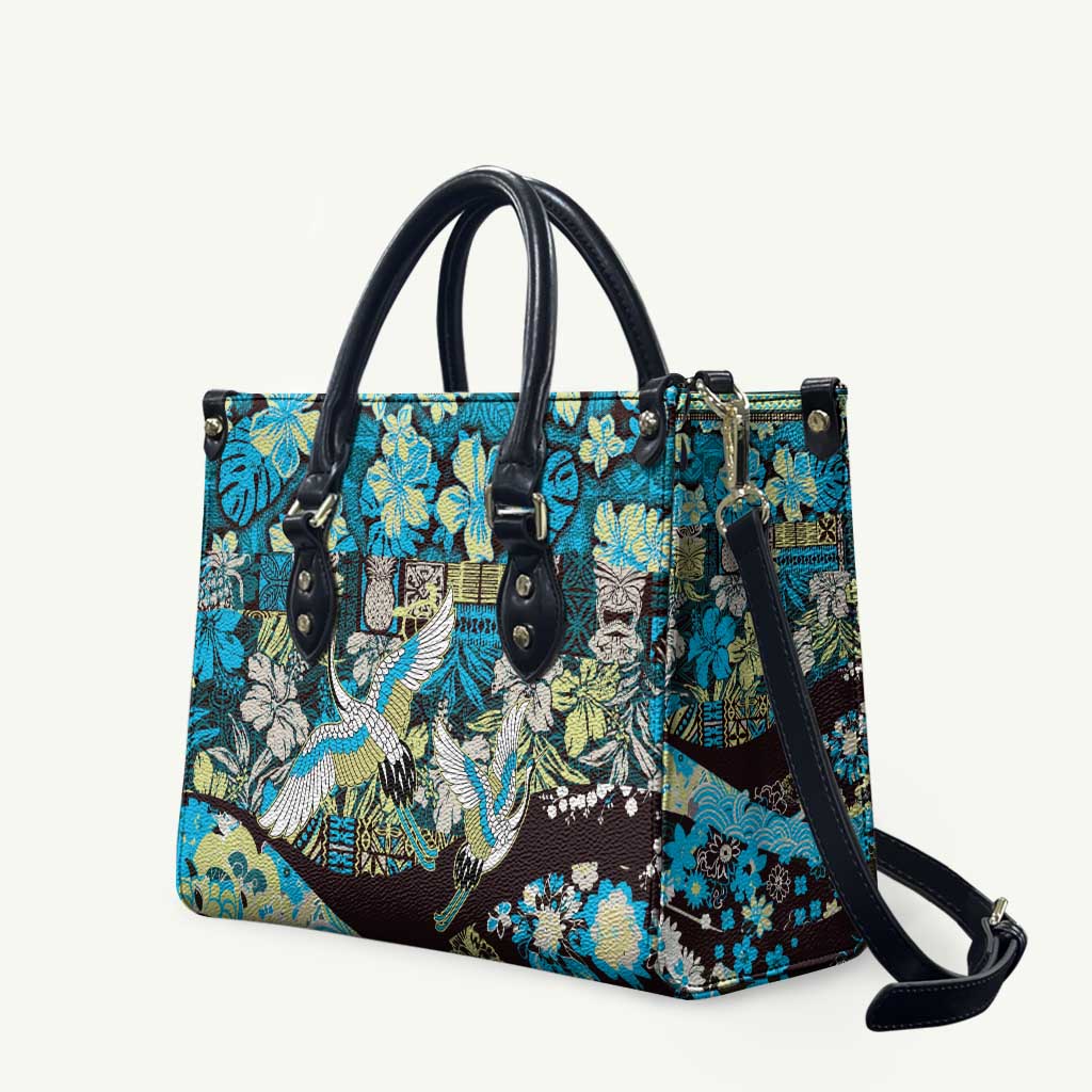 Japanese Hawaiian Crane Leather Bag Blue Tapa Patchwork Pattern LT9 Blue - Polynesian Pride