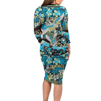 Japanese Hawaiian Crane Long Sleeve Bodycon Dress Blue Tapa Patchwork Pattern