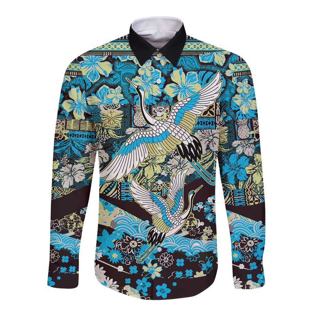 Japanese Hawaiian Crane Long Sleeve Button Shirt Blue Tapa Patchwork Pattern