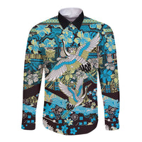 Japanese Hawaiian Crane Long Sleeve Button Shirt Blue Tapa Patchwork Pattern