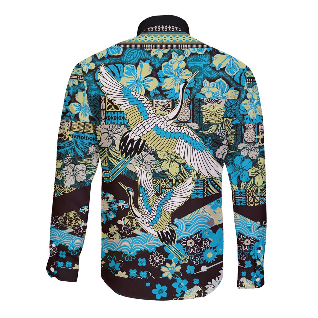Japanese Hawaiian Crane Long Sleeve Button Shirt Blue Tapa Patchwork Pattern