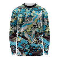Japanese Hawaiian Crane Long Sleeve Shirt Blue Tapa Patchwork Pattern