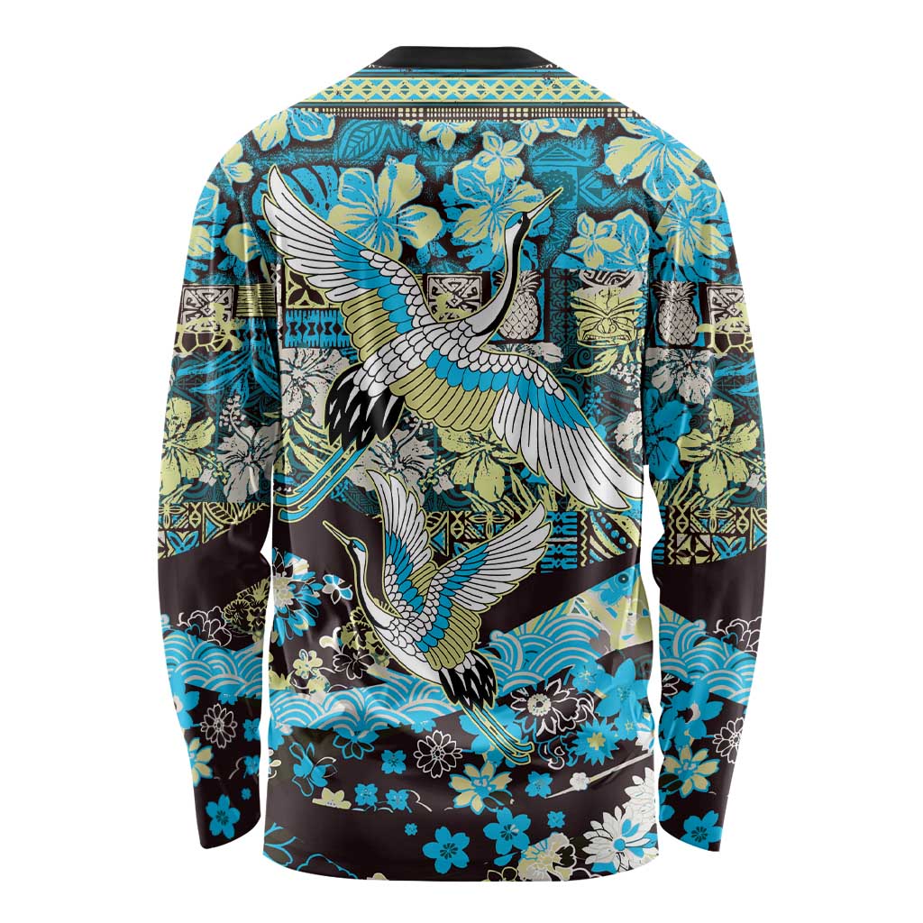 Japanese Hawaiian Crane Long Sleeve Shirt Blue Tapa Patchwork Pattern