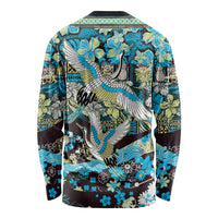 Japanese Hawaiian Crane Long Sleeve Shirt Blue Tapa Patchwork Pattern