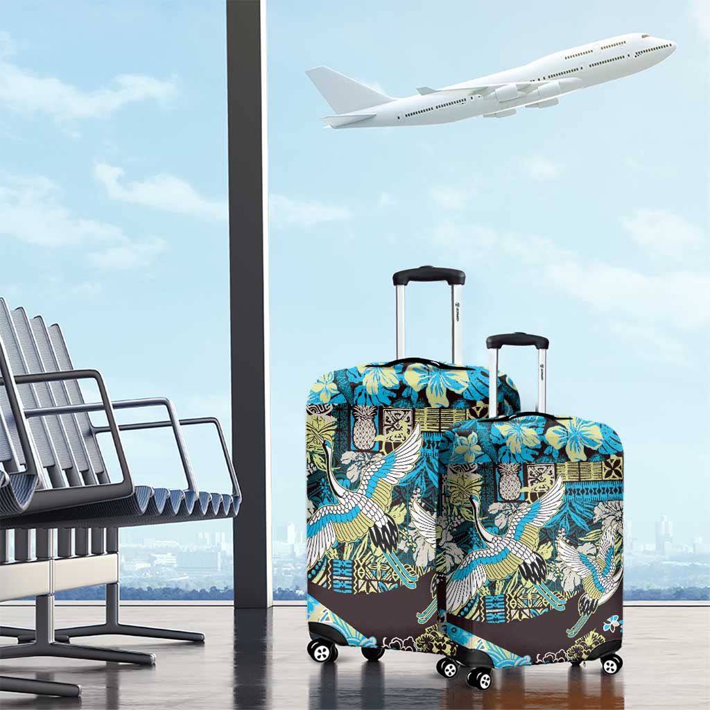 Japanese Hawaiian Crane Luggage Cover Blue Tapa Patchwork Pattern