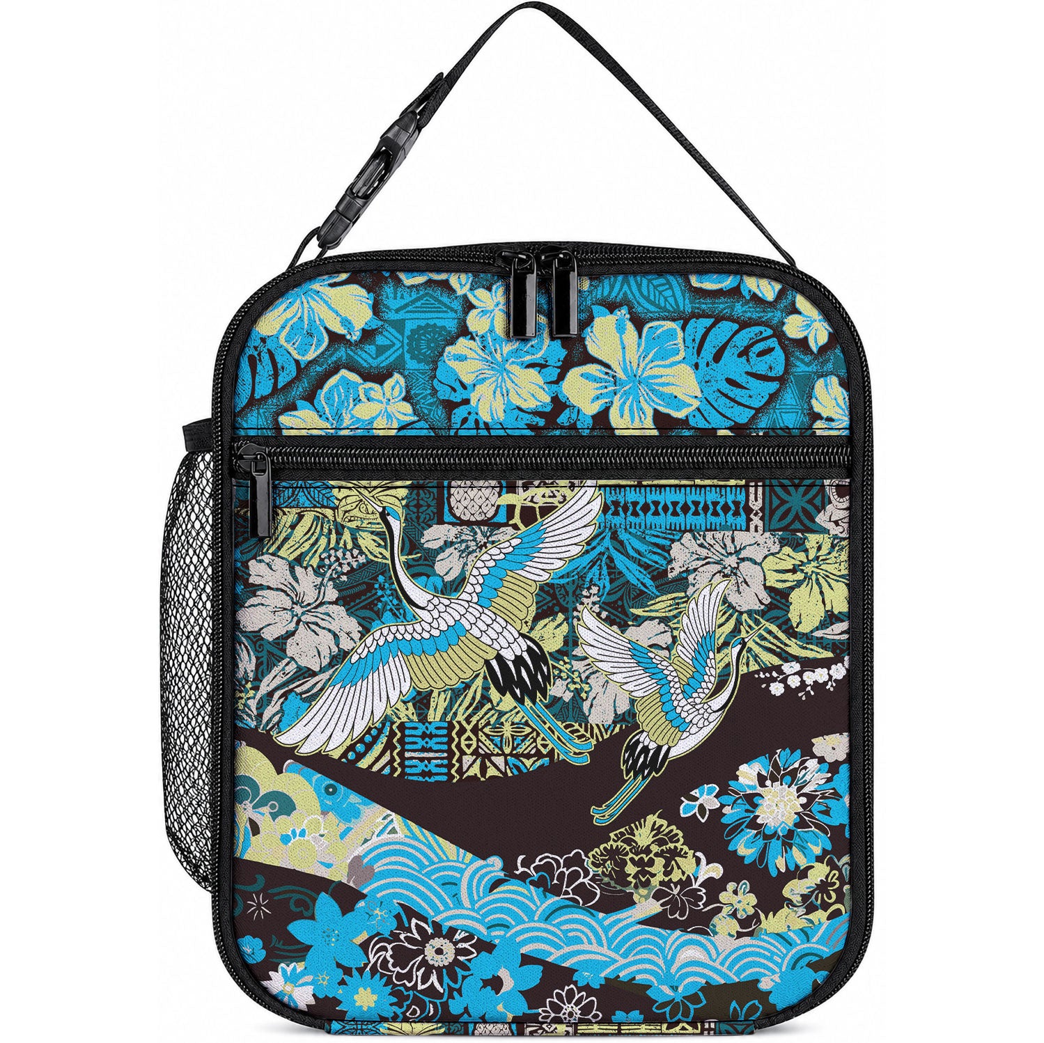 Japanese Hawaiian Crane Lunch Bag Blue Tapa Patchwork Pattern LT9 10.2 × 8.3 × 4.3 inch Blue - Polynesian Pride