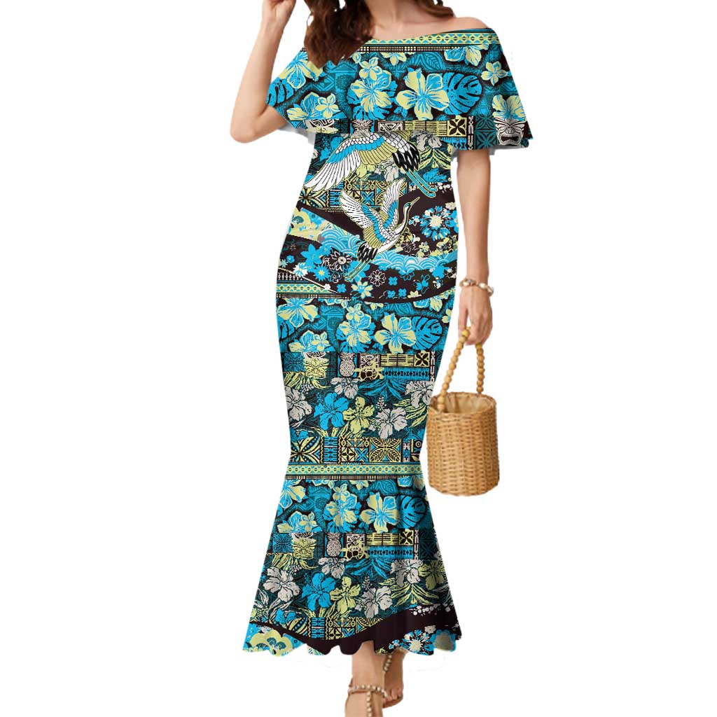 Japanese Hawaiian Crane Mermaid Dress Blue Tapa Patchwork Pattern LT9 Women Blue - Polynesian Pride