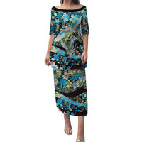 Japanese Hawaiian Crane Puletasi Blue Tapa Patchwork Pattern