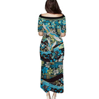 Japanese Hawaiian Crane Puletasi Blue Tapa Patchwork Pattern