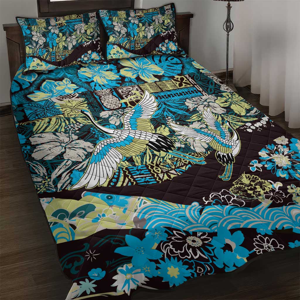 Japanese Hawaiian Crane Quilt Bed Set Blue Tapa Patchwork Pattern