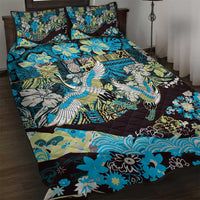 Japanese Hawaiian Crane Quilt Bed Set Blue Tapa Patchwork Pattern