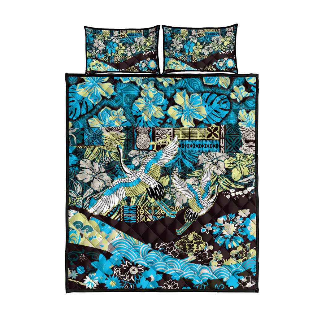 Japanese Hawaiian Crane Quilt Bed Set Blue Tapa Patchwork Pattern