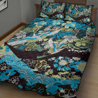 Japanese Hawaiian Crane Quilt Bed Set Blue Tapa Patchwork Pattern